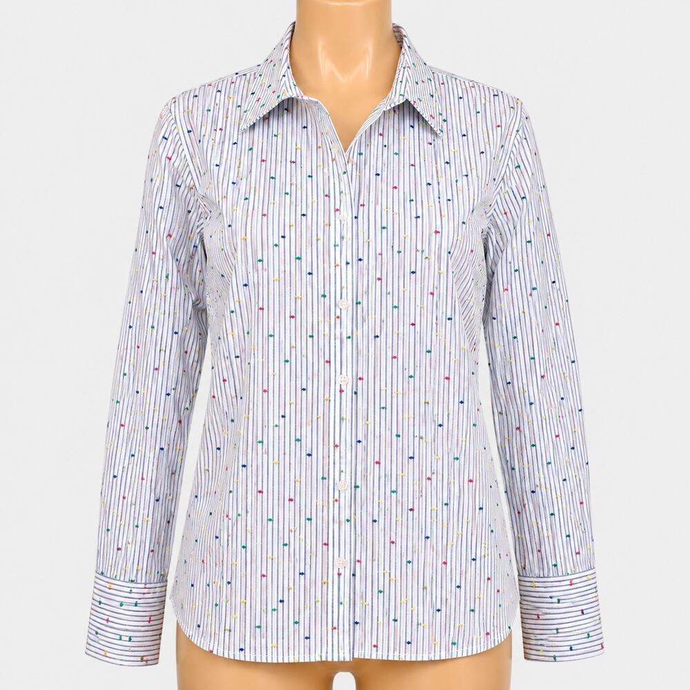 Talbots White Blue Stripe Confetti Dot Button Front Shirt Women's Large Cotton